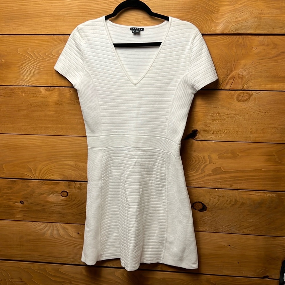 Theory Womens White Knit Short Sleeve Dress Rib V Neck Career Casual Mini V-neck